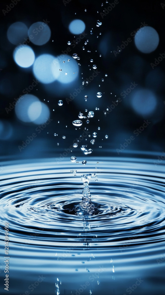 Water droplets splashing into calm surface create ripples with light reflections, evoking serene and mesmerizing atmosphere. Water droplets splashing into calm surface create ripples with light reflections, evoking serene and mesmerizing atmosphere.