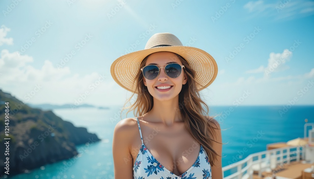 Sun-Kissed Summer: A radiant woman with a sun-kissed complexion embraces the warm summer sun, a wide smile on her face as she enjoys the stunning view of the azure coastline. Sun-Kissed Summer: A radiant woman with a sun-kissed complexion embraces the warm summer sun, a wide smile on her face as she enjoys the stunning view of the azure coastline.