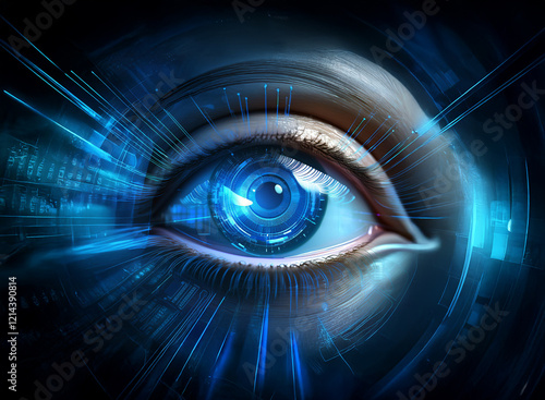 A stylized eye, digitally enhanced, with a futuristic camera lens as its pupil.  Surrounding it are glowing blue streaks and technological elements.  The image evokes themes of surveillance and techno photo