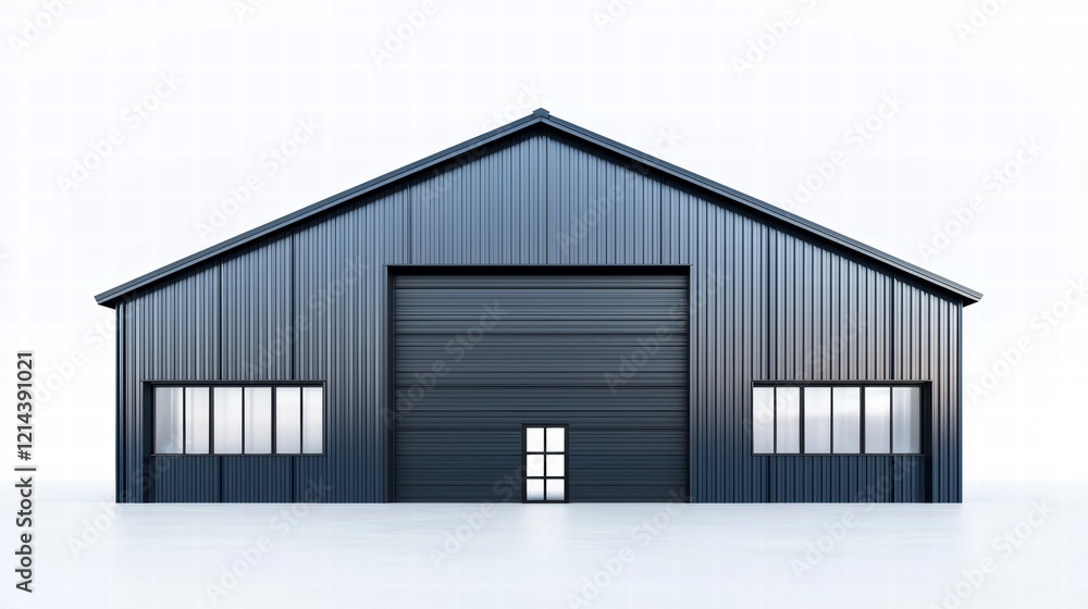 Modern Industrial Building: A sleek, dark gray metal building with a large roll-up door and rectangular windows stands against a clean backdrop, showcasing modern industrial architecture. Modern Industrial Building: A sleek, dark gray metal building with a large roll-up door and rectangular windows stands against a clean backdrop, showcasing modern industrial architecture.