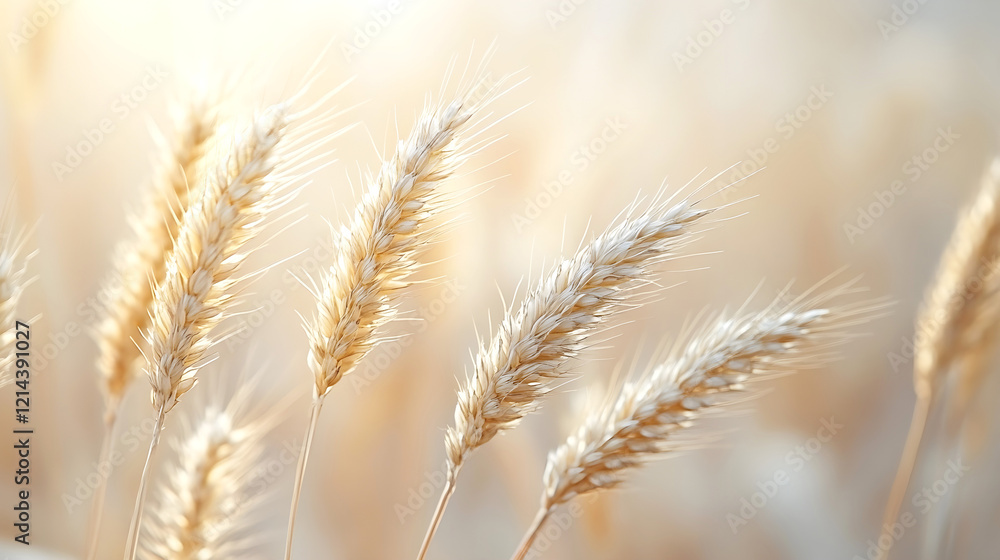 Golden wheat ears in a sunlit field, gently swaying in soft focus, symbolizing natural harvest and agriculture, with a warm and serene atmosphere Golden wheat ears in a sunlit field, gently swaying in soft focus, symbolizing natural harvest and agriculture, with a warm and serene atmosphere