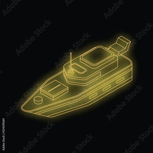 Neon yellow glowing line art illustration of a patrol boat on a black background