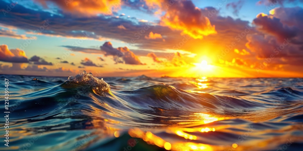 Obraz premium Looping UHD 60fps Ocean Sunset Animation: Realistic Waving Waters, Shallow Depth of Field, Low Light 3D Render