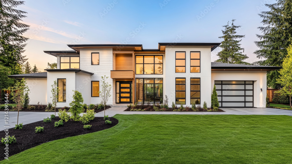 beautiful newly built luxury home with sleek white exterior, large windows, and modern landscaping. vibrant green lawn enhances elegant design, creating welcoming atmosphere beautiful newly built luxury home with sleek white exterior, large windows, and modern landscaping. vibrant green lawn enhances elegant design, creating welcoming atmosphere