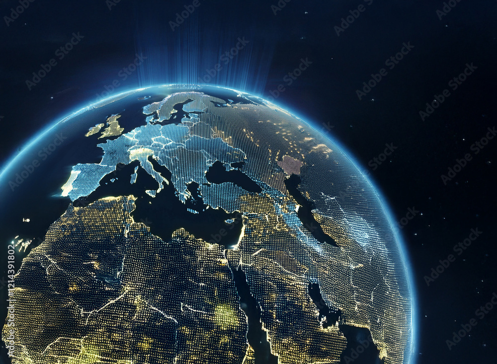 Fototapeta premium A digitally enhanced image showcases the Earth at night, focusing on Europe and surrounding regions. City lights illuminate the landmasses, contrasting with the dark expanse of space. A subtle glow e