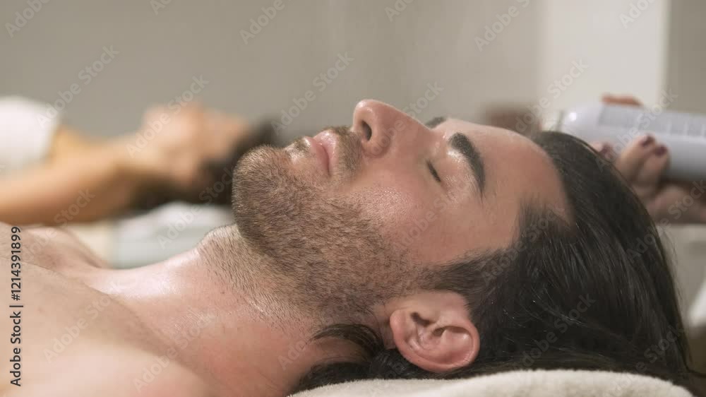 Beautician gently spraying soothing mist on a man's face during relaxing treatment Beautician gently spraying soothing mist on a man's face during relaxing treatment