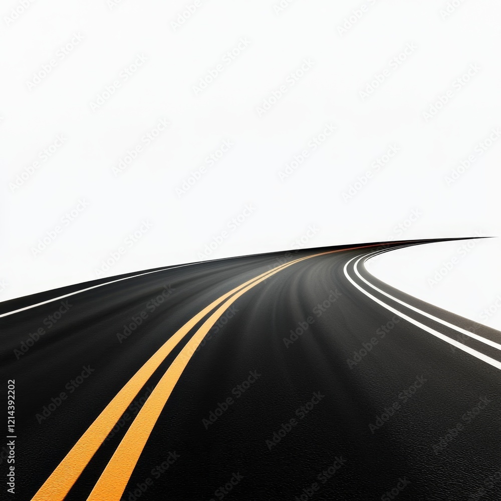 Fototapeta premium Curved Asphalt Road with Yellow Lines Under Bright White Sky