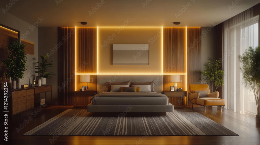 Modern bedroom design with geometric striped rug, warm lighting, and stylish furniture creates cozy atmosphere. Perfect for relaxation and comfort Modern bedroom design with geometric striped rug, warm lighting, and stylish furniture creates cozy atmosphere. Perfect for relaxation and comfort