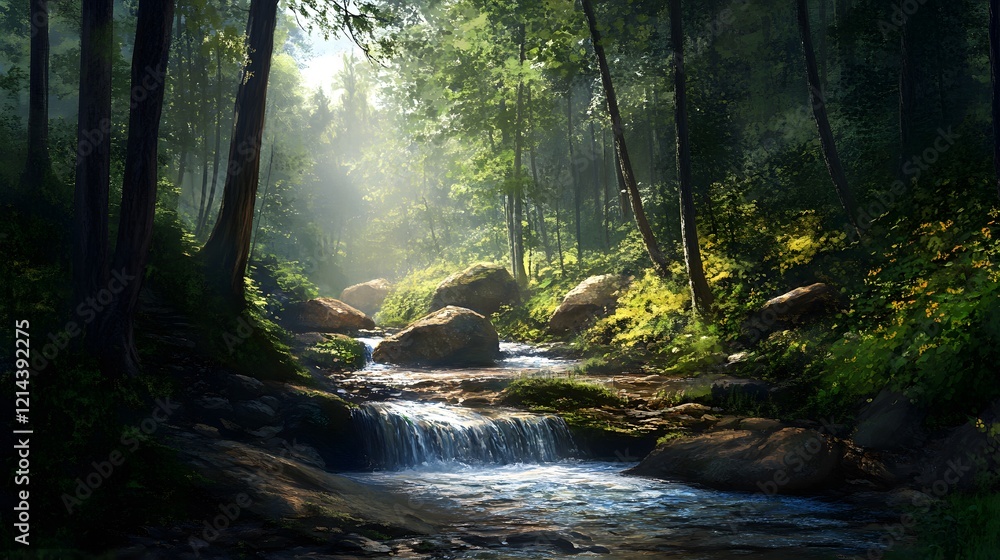 Obraz premium Sunlit Forest Stream Waterfall Rocks Green Trees