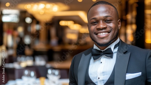 A young man beams warmly in formal attire, exuding charisma in a sophisticated setting, where elegance meets a convivial, inviting atmosphere. photo