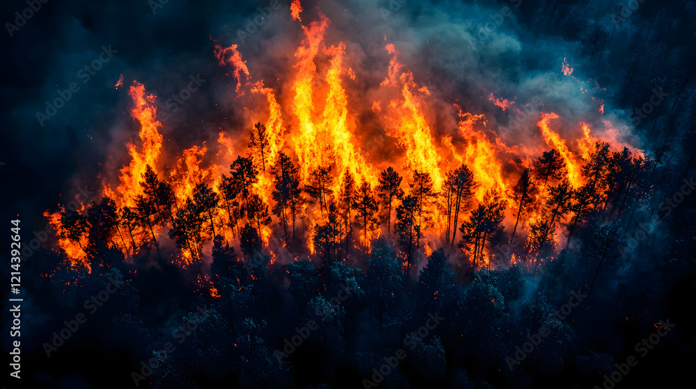 Wildfire Inferno: Trees Burn Fiercely at Night Wildfire Inferno: Trees Burn Fiercely at Night