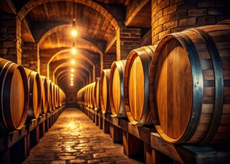 Papier peint photo  Low Light Cellar: Rows of Aged Wine Barrels in Rustic Winery  © prapatsorn