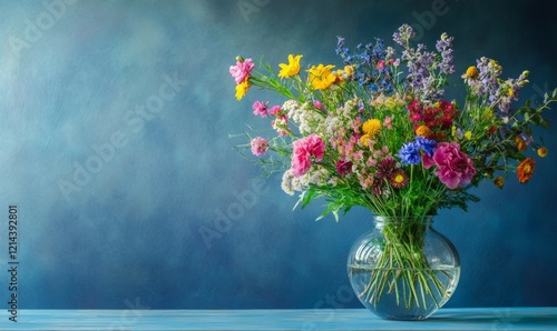 Wallpaper Mural Colorful wildflower arrangement in a glass vase on a blue backdrop Torontodigital.ca