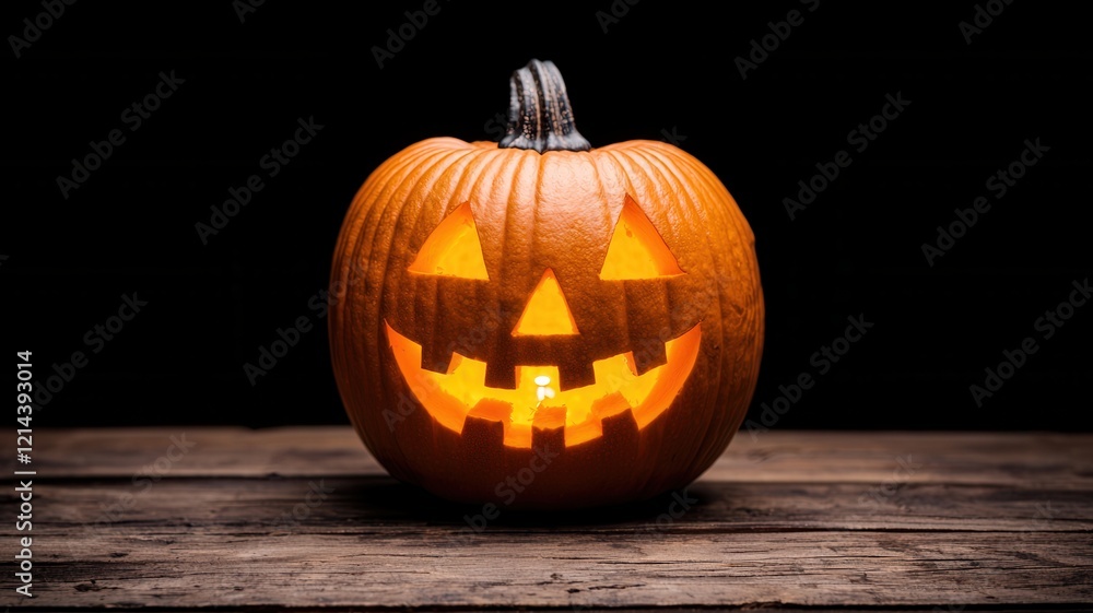 Illuminated Jack o lantern on Rustic Wooden Surface Halloween Decoration Illuminated Jack o lantern on Rustic Wooden Surface Halloween Decoration