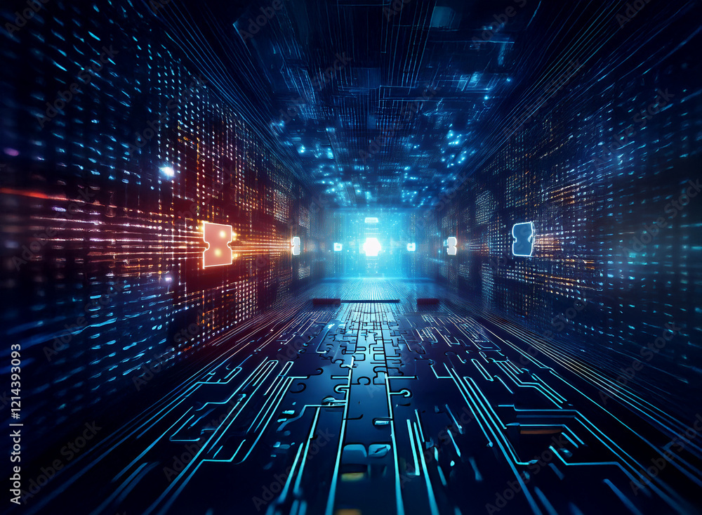 Obraz premium A digital tunnel, glowing with vibrant blue and red hues, shows a futuristic data stream. The path is lined with intricate circuitry, suggesting a high-tech, digital realm.