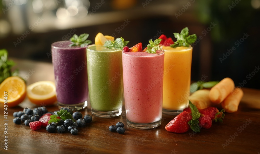 Colorful smoothies arranged on a table with fresh ingredients nearby Colorful smoothies arranged on a table with fresh ingredients nearby