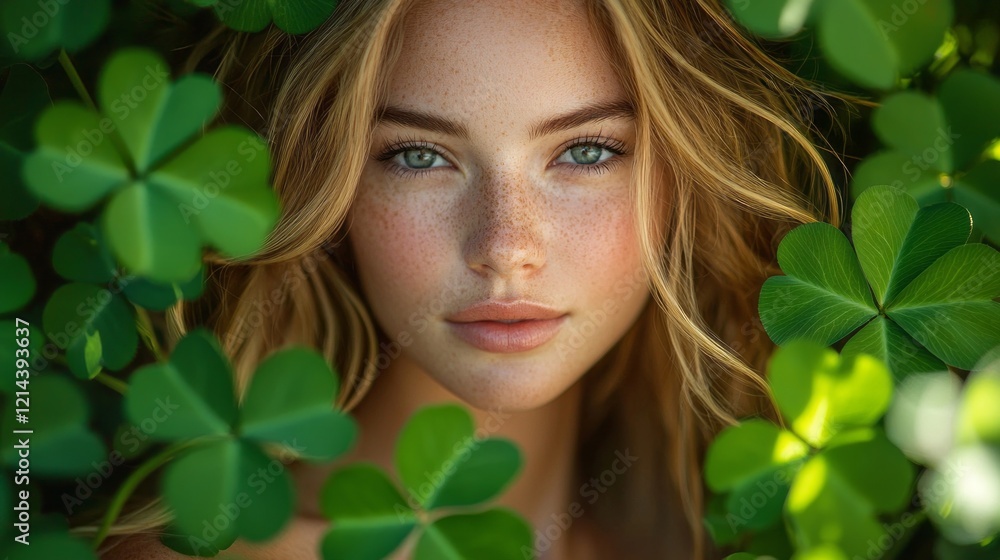 A young woman with radiant skin and captivating eyes gazes softly through lush green foliage. Sunlight filters delicately, creating a soothing ambiance in a peaceful garden A young woman with radiant skin and captivating eyes gazes softly through lush green foliage. Sunlight filters delicately, creating a soothing ambiance in a peaceful garden