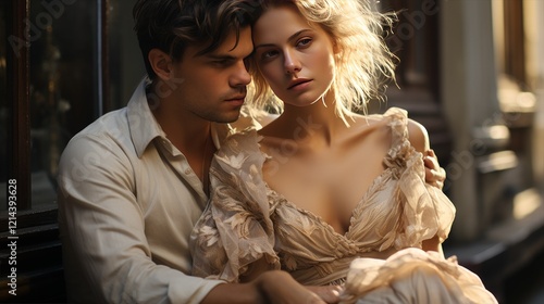 A Couple Tenderly Embracing on a Rooftop at Sunset, Enjoying the Beautiful View. Man and woman sitting hugging on the roof. Romantic date
