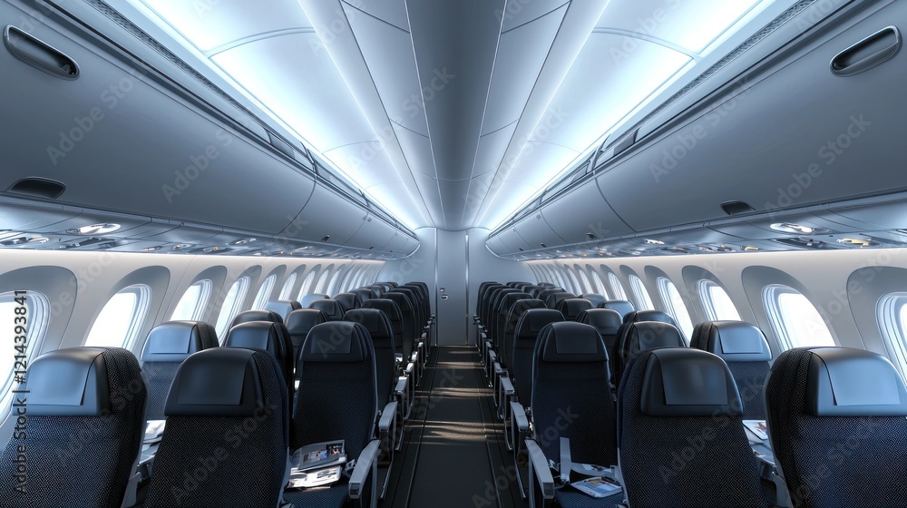 Interior view of a passenger jet, with rows of passengers seated. Interior view of a passenger jet, with rows of passengers seated.