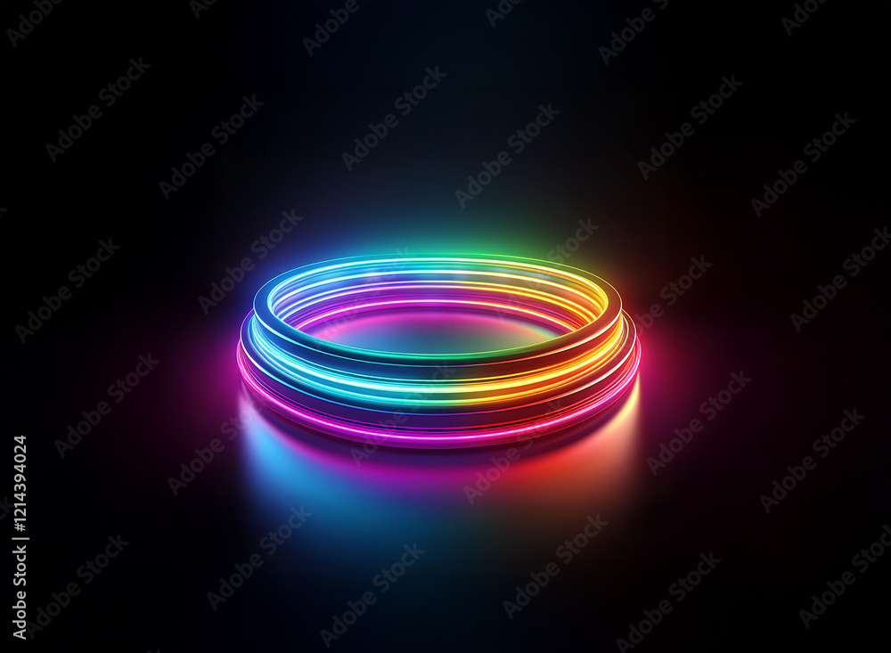 Vibrant rainbow neon rings create a luminous, circular platform against a stark black background. The glowing circles cast a colorful reflection, suggesting a futuristic or magical setting. Vibrant rainbow neon rings create a luminous, circular platform against a stark black background. The glowing circles cast a colorful reflection, suggesting a futuristic or magical setting.