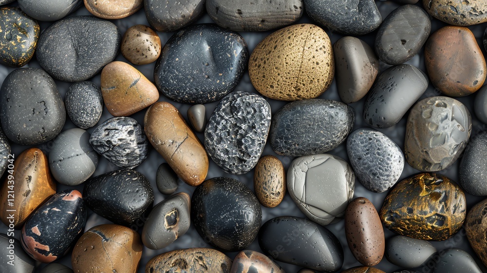 A close up of a collection of smooth, round stones in various shades of grey and brown. A close up of a collection of smooth, round stones in various shades of grey and brown.