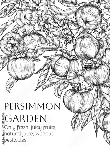 Vector illustration of a persimmon garden with fruits, leaves and flowers in engraving style. Fresh farm fruits. Organic farming. Nutrition banner, healthy eating