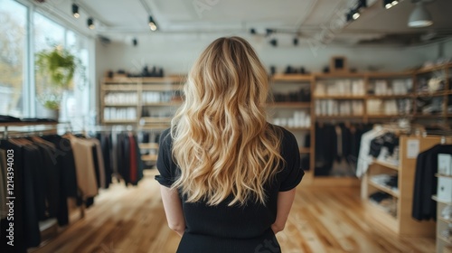 A stylish young woman standing in a trendy clothing store, showcasing her beautiful long wavy hair and the sophisticated attire available for shoppers to explore.