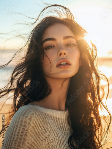 Beautiful young woman in cozy sweater standing on beach during sunset, wind blowing through her hair, concept of natural beauty, tranquility, and freedom, warm golden light
