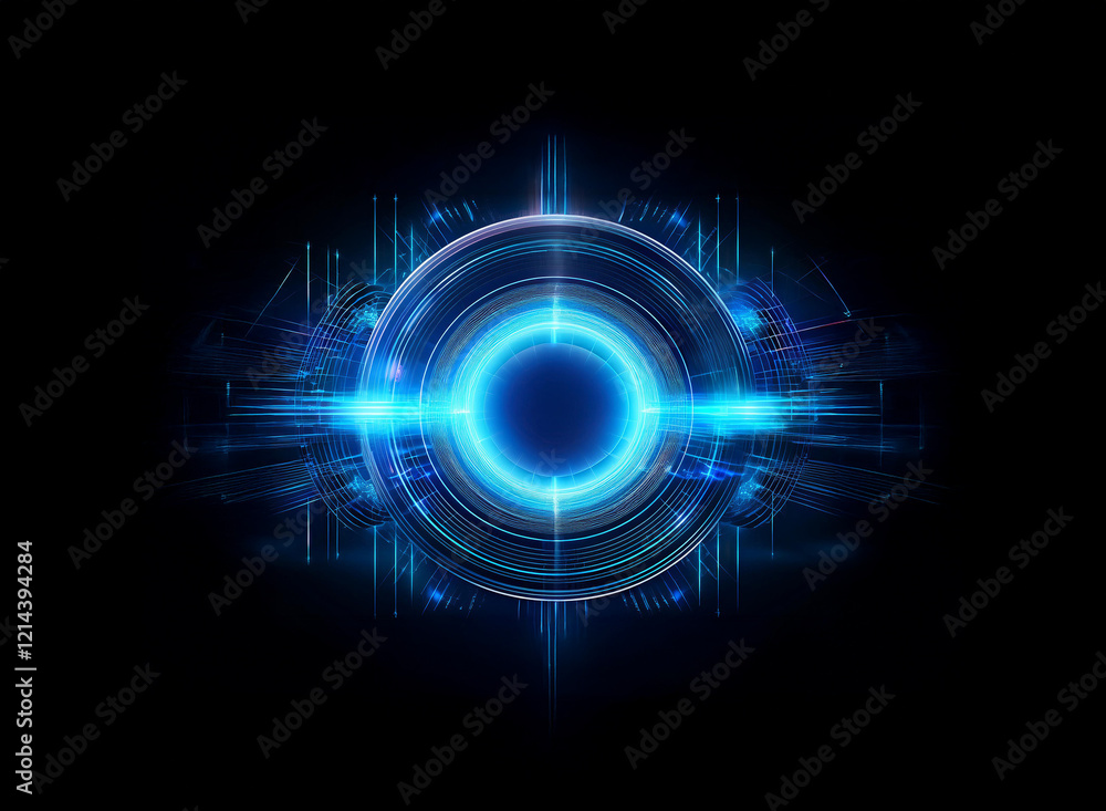 Fototapeta premium A futuristic, glowing blue circular interface on a black background. Intricate digital details radiate outward, creating a sense of technological depth and energy.