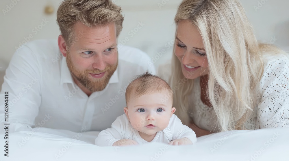 Happy parents and baby on bed, bedroom background, family portrait, ideal for parenting websites Happy parents and baby on bed, bedroom background, family portrait, ideal for parenting websites