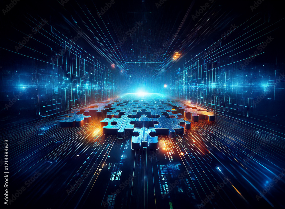 Obraz premium Abstract digital artwork depicting interconnected puzzle pieces forming a pathway within a futuristic circuit board. Glowing lines and bright light emanate from the center.
