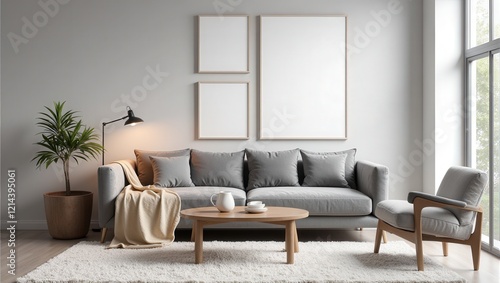 A cozy gray couch with plush pillows faces a rustic wooden table adorned with a gleaming white ceramic pitcher, delicate white bowls, and inviting cups—perfect for a serene indoor setting photo