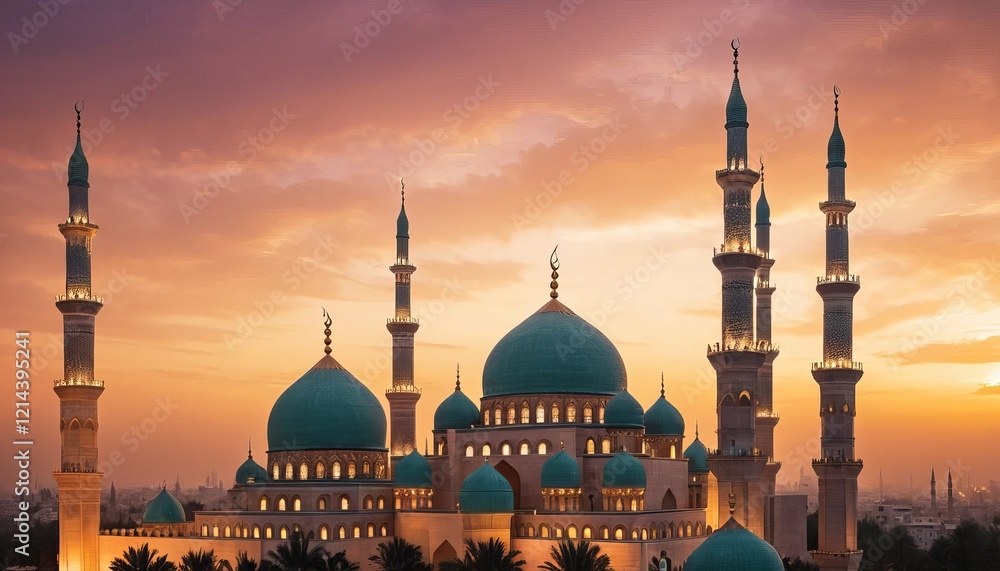 Obraz premium Grand mosque surrounded by minarets at twilight, symbolizing Islamic spirituality, tradition, and peace, ideal for religious or cultural-themed artistic compositions. 