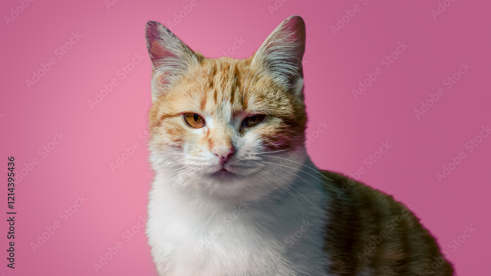 sarcastic red and white cat sitting on a pink background sarcastic red and white cat sitting on a pink background