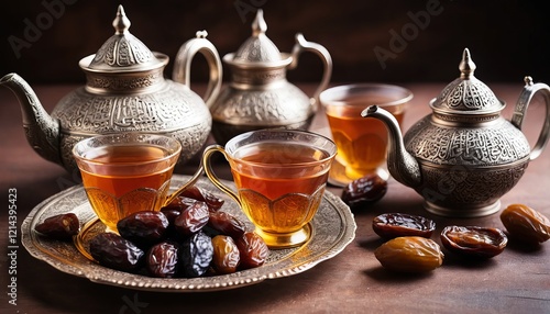 Ornate silver teapots and cups with dates on a festive table, symbolizing Ramadan or Iftar, blending elegance with Islamic traditions for cultural and spiritual themes.
 photo