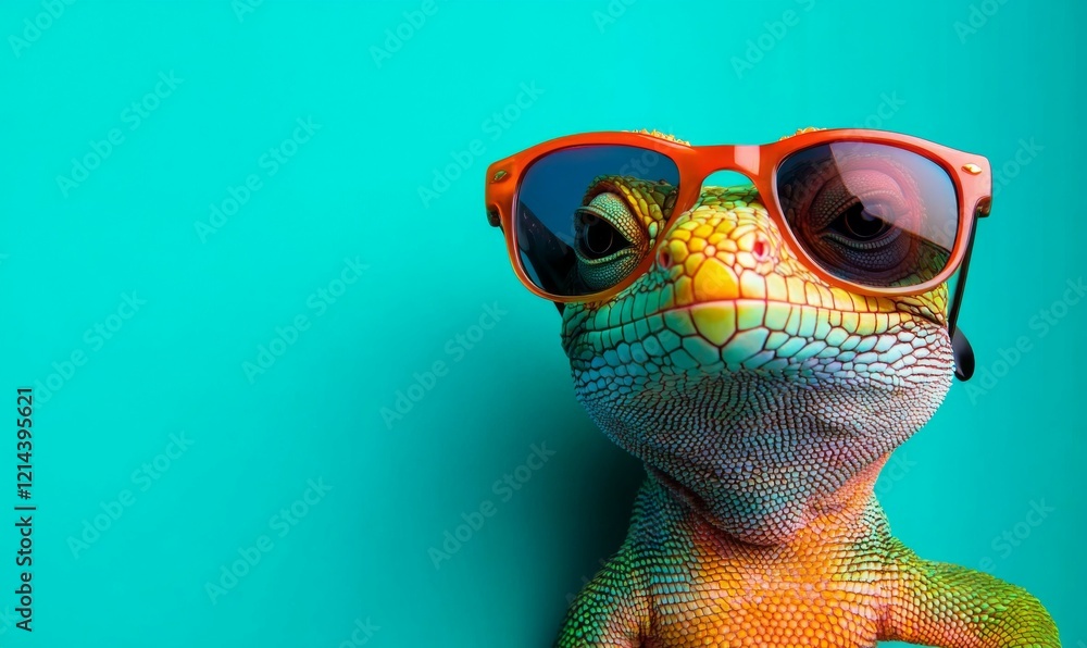 Colorful lizard with sunglasses on teal background Colorful lizard with sunglasses on teal background