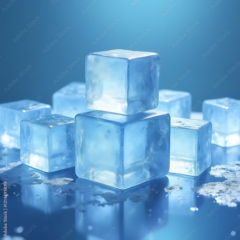 Ice Cubes on Blue: A pristine pile of translucent ice cubes glistens, reflecting light on a cool blue surface. The image evokes a sense of refreshing coolness and purity. Ice Cubes on Blue: A pristine pile of translucent ice cubes glistens, reflecting light on a cool blue surface. The image evokes a sense of refreshing coolness and purity.
