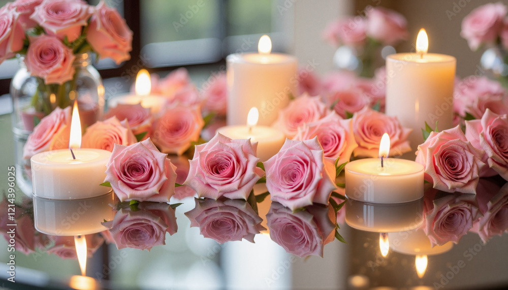 Elegant roses and floating candles in water centerpiece, romantic ambiance Elegant roses and floating candles in water centerpiece, romantic ambiance