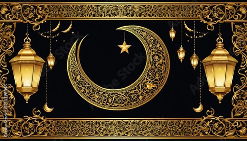 Golden crescent moon and lanterns on a black background, symbolizing Islamic spirituality and festivities, ideal for decorative and cultural-themed designs.
 photo