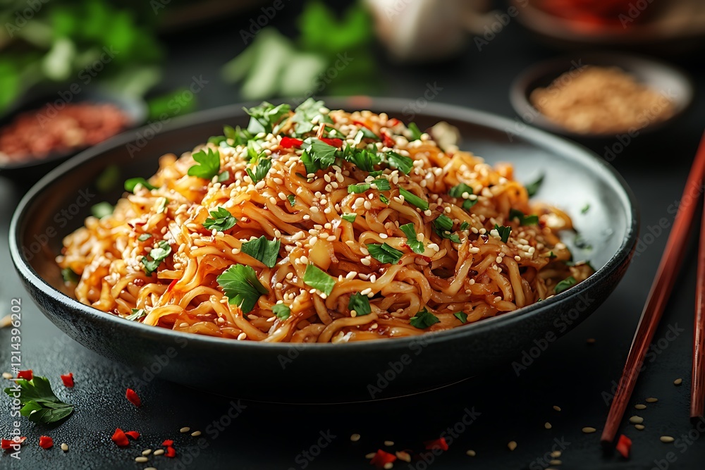 Spicy noodles with sesame seeds and herbs in a black bowl Spicy noodles with sesame seeds and herbs in a black bowl