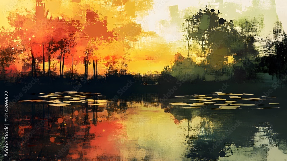 Obraz premium Autumn Sunset Landscape Painting Lake Reflection Trees Abstract Art