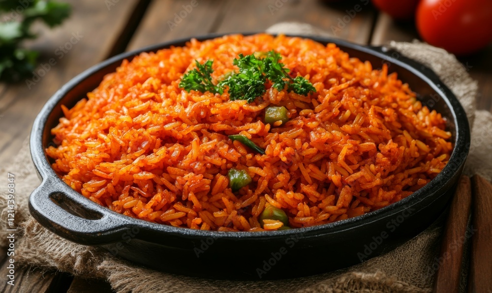 Colorful Nigerian Jollof rice dish on rustic wooden table Colorful Nigerian Jollof rice dish on rustic wooden table