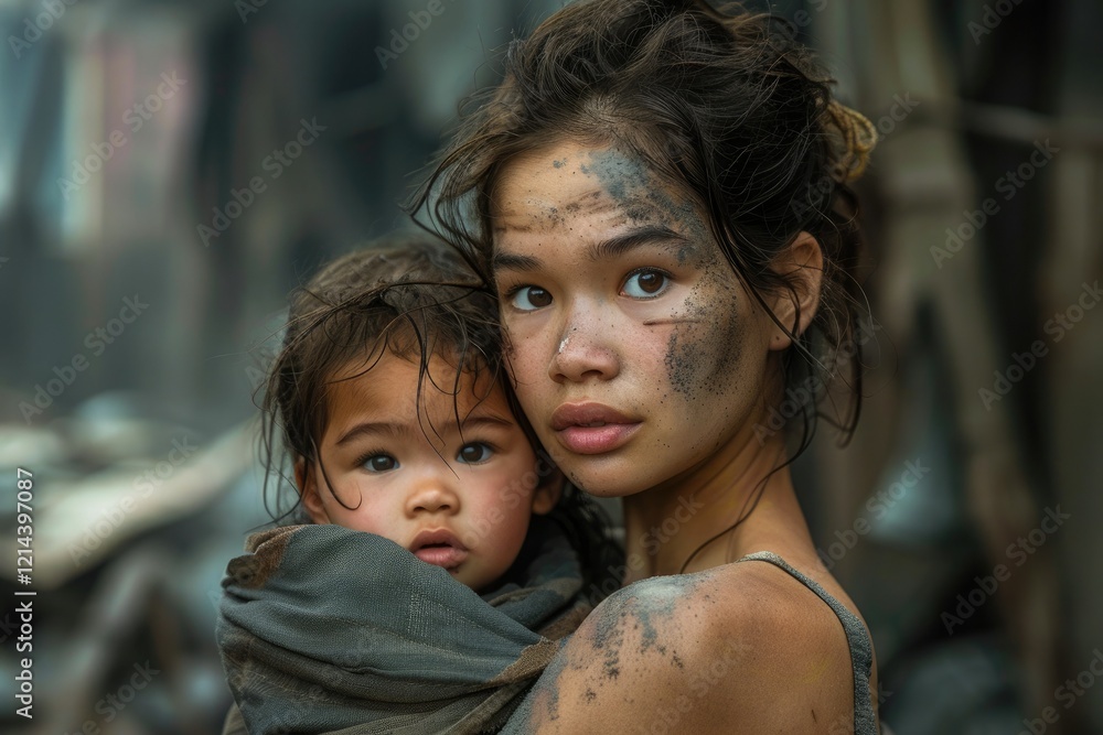 Obraz premium young Asian woman covered in dirt and soot holds a child in front of the ruins of a destroyed building, symbolizing resilience, protection and hope in the face of poverty and destruction.