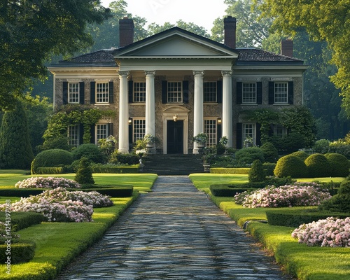 Colonial revival estate with pillared entryway surrounded by lush gardens in a serene setting high-fidelity gigapixel capture of architectural beauty photo