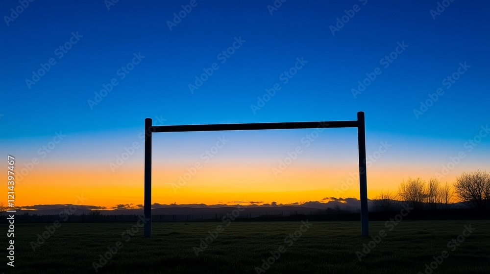 A silhouetted sports goal post for rugby, Gaelic football, camogie, and hurling is framed against a vivid sunrise of blue and orange hues A silhouetted sports goal post for rugby, Gaelic football, camogie, and hurling is framed against a vivid sunrise of blue and orange hues