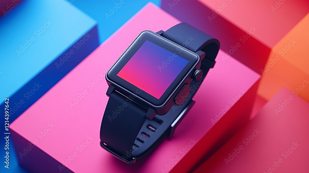 Sleek gray smartwatch with a blank screen on an abstract background, ideal for highlighting app interfaces or product design in a creative setting. Sleek gray smartwatch with a blank screen on an abstract background, ideal for highlighting app interfaces or product design in a creative setting.