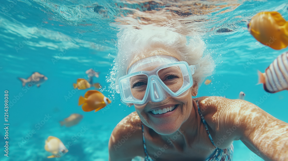 Naklejka premium Happy senior woman with snorkel mask in tropical sea snorkeling underwater surrounded by tropical fish.