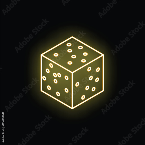 Bright yellow neon dice shining on a dark background