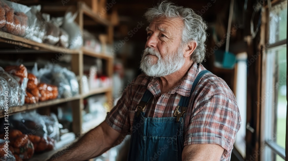 An elderly man with a beard thoughtfully examines items in a rustic store, a gentle reminder of simpler times and traditional lifestyles in rural communities. An elderly man with a beard thoughtfully examines items in a rustic store, a gentle reminder of simpler times and traditional lifestyles in rural communities.