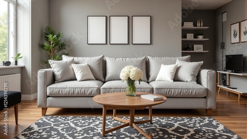 A cozy gray couch faces a matching wall, flanked by a wooden table adorned with a pristine white flower vase and an intriguing stack of books photo